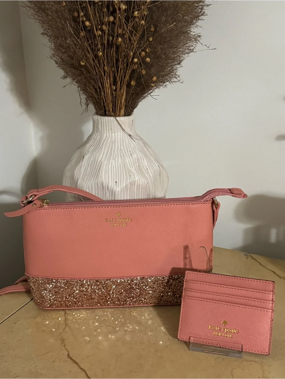 kate spade Coral Pink Crossbody with Glitter Trim & Matching Card Case